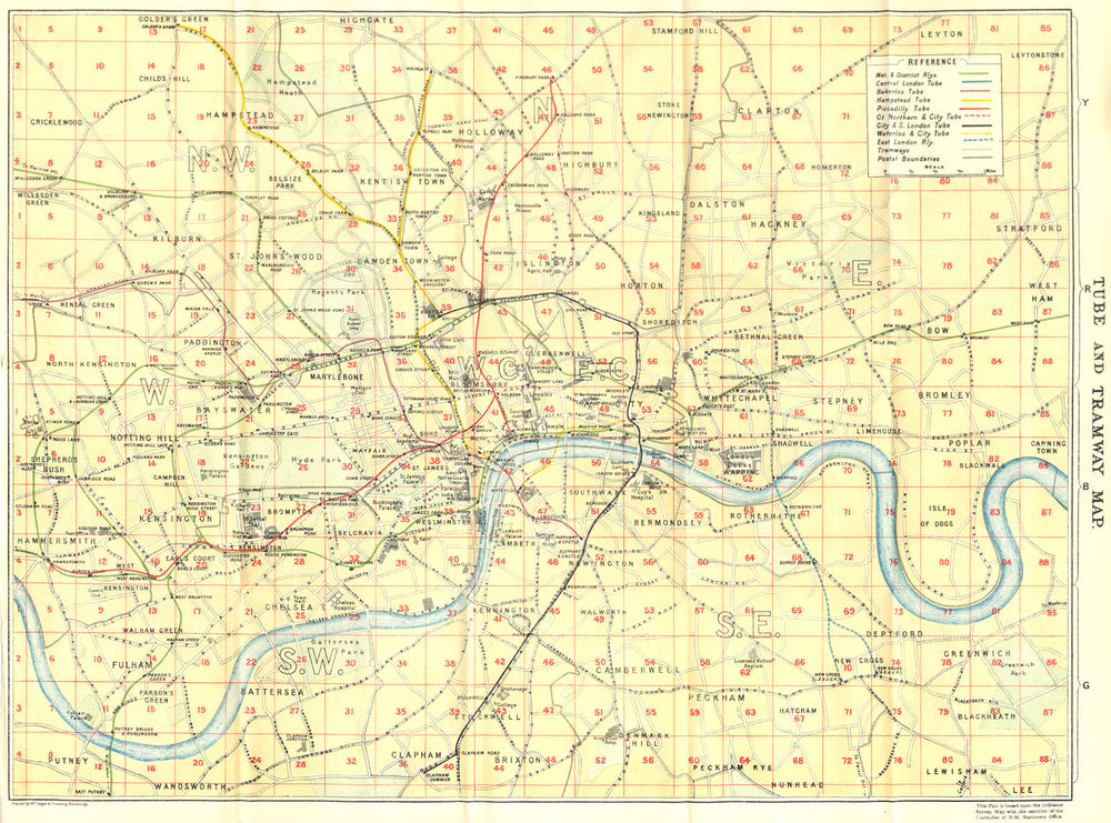 LONDON. Tube & Tramway Map of 1924 old antique vintage plan chart