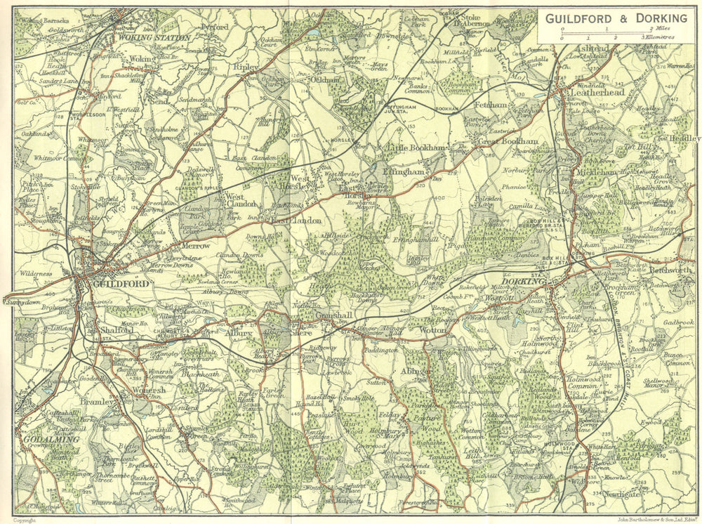 SURREY. Guildford & Dorking Town Plan 1924 old antique vintage map chart