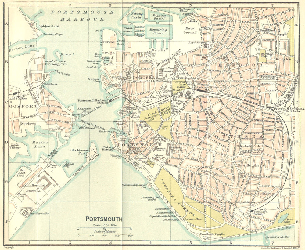 HANTS. Portsmouth Town Plan 1924 old antique vintage map chart