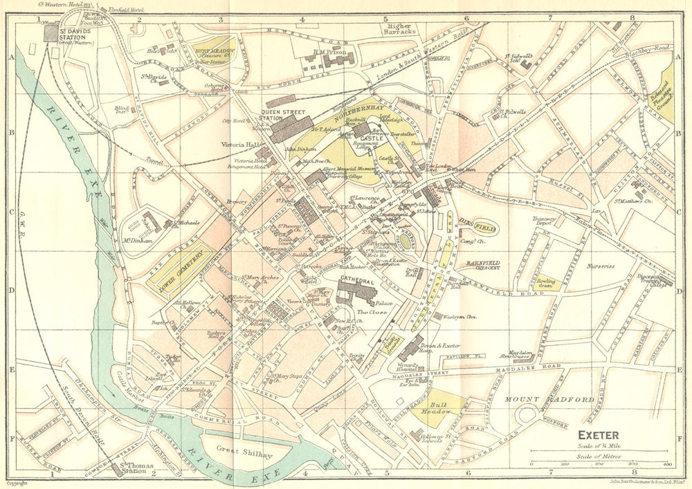 DEVON. Exeter Town Plan 1924 old antique vintage map chart