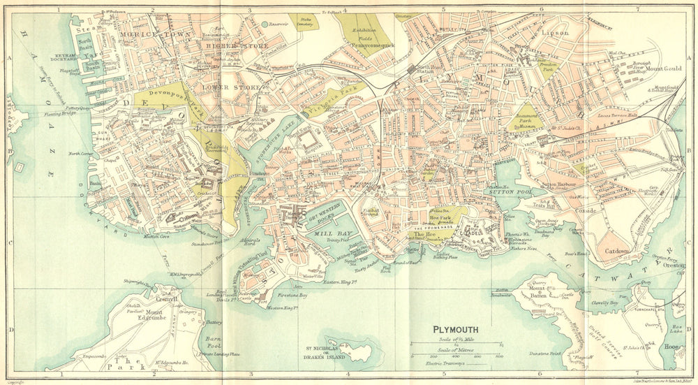 DEVON. Plymouth Town Plan 1924 old antique vintage map chart