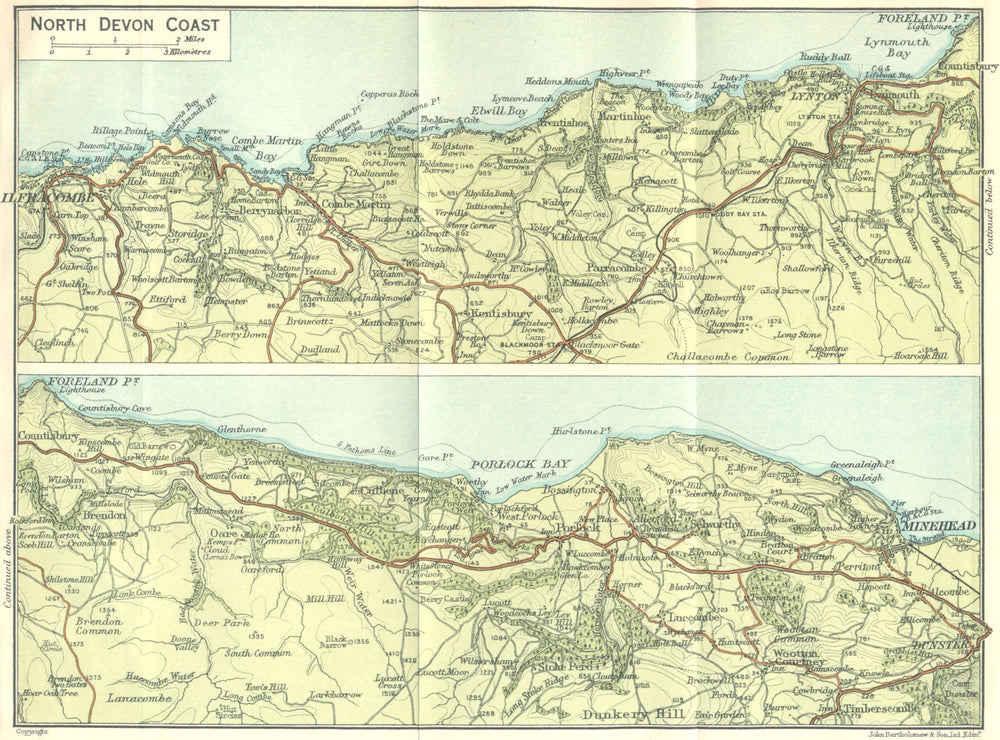 DEVON. North Coast 1924 old antique vintage map plan chart