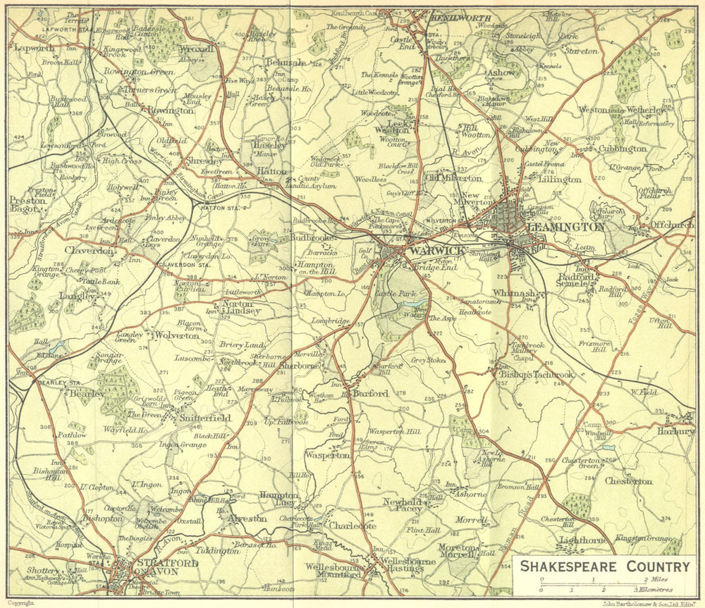 WARCS. Shakespeare Country 1924 old antique vintage map plan chart