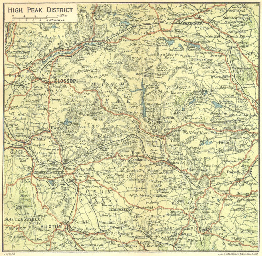 DERBYS. High Peak District 1924 old antique vintage map plan chart