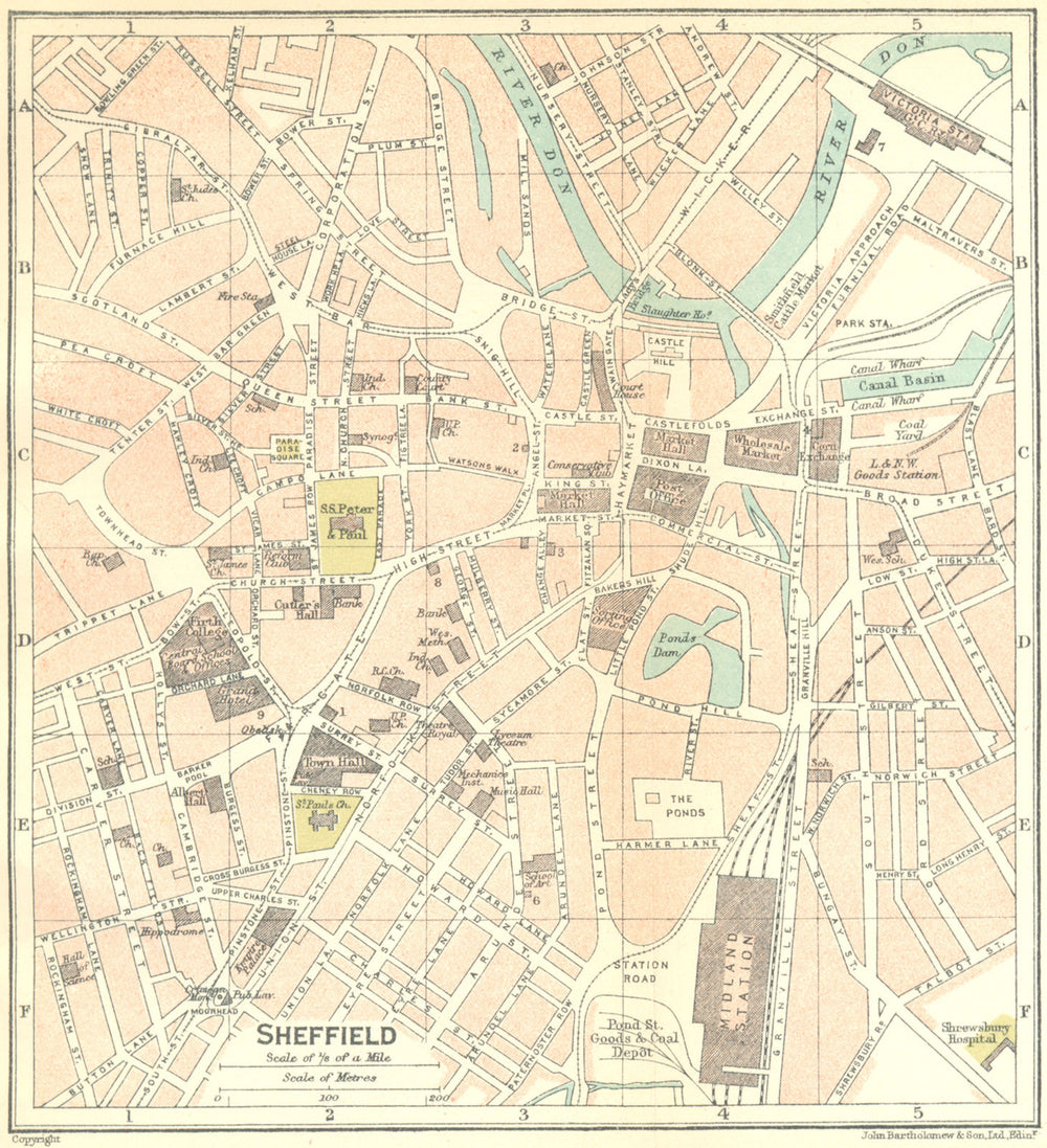 YORKS. Sheffield Town Plan 1924 old antique vintage map chart
