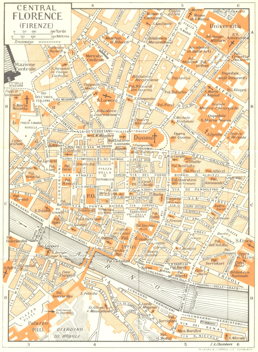 CENTRAL FLORENCE   town/city plan. Firenze. Italy 1953 old vintage map chart