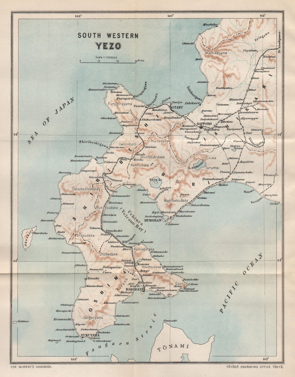 JAPAN. Yezo(Hokkaido); south west 1907 old antique vintage map plan chart