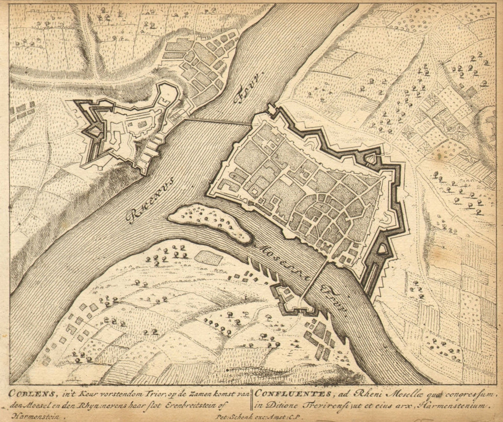 KOBLENZ. Town plan by Schenk. Scarce. Germany 1710 old antique map chart