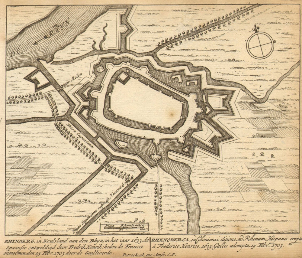 RHEINBERG. Town plan by Schenk. Scarce. Germany 1710 old antique map chart