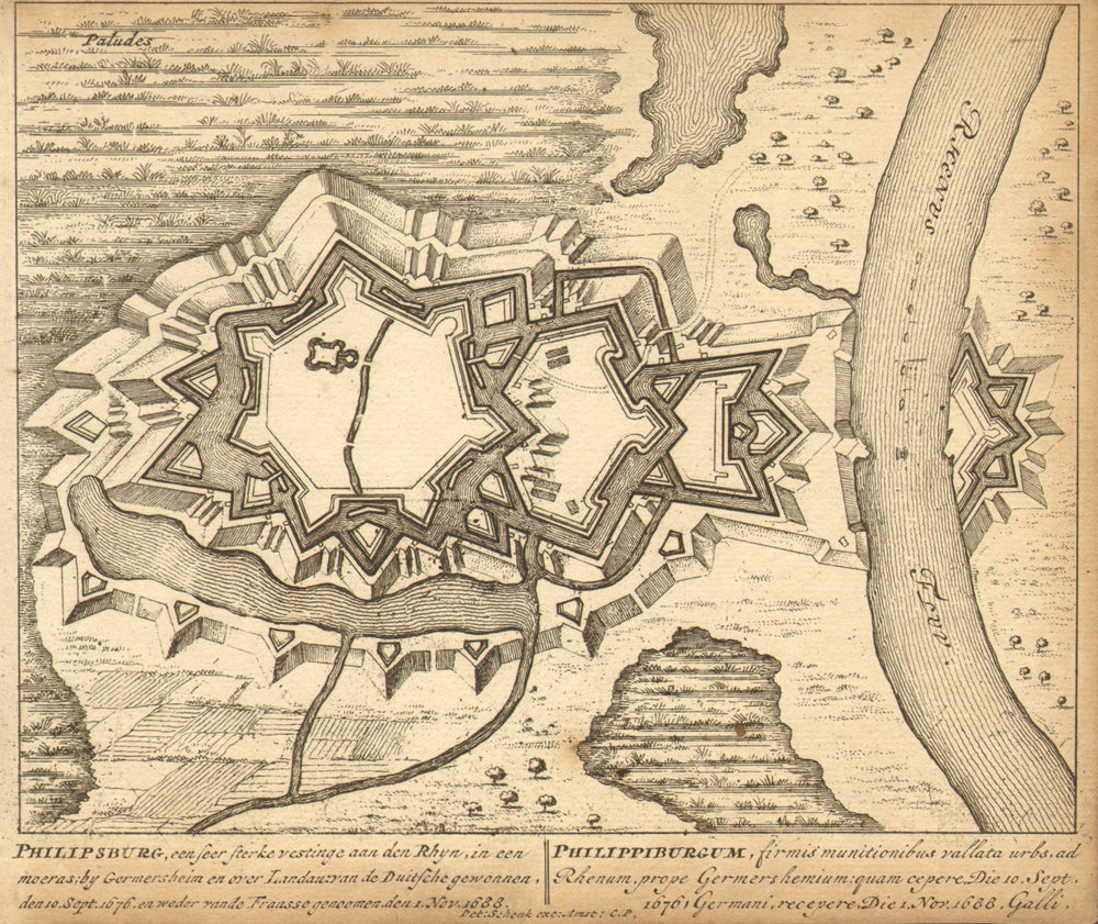PHILIPPSBURG. Town plan by Schenk. Scarce. Germany 1710 old antique map chart