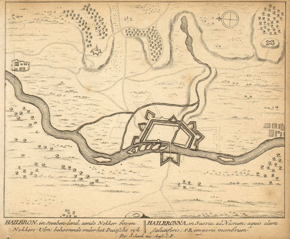 HEILBRONN. Town plan by Schenk. Scarce. Germany 1710 old antique map chart
