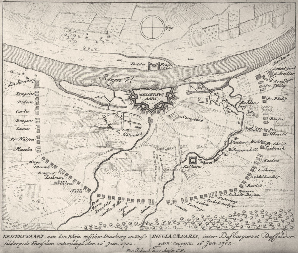 DUSSELDORF KAISERSWERTH. Schenk town plan. Scarce. Düsseldorf. Germany 1710 map