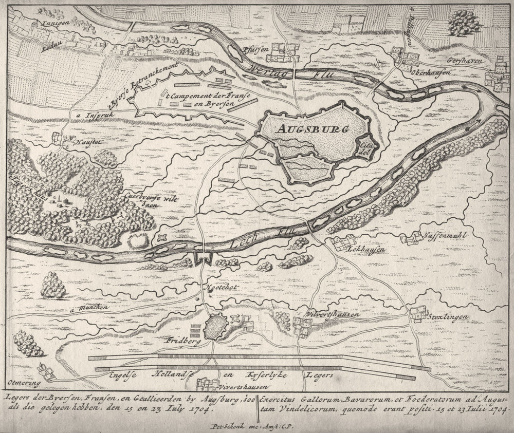 AUGSBURG 1704. Town plan by Schenk. Scarce. Bavaria, Germany 1710 old map