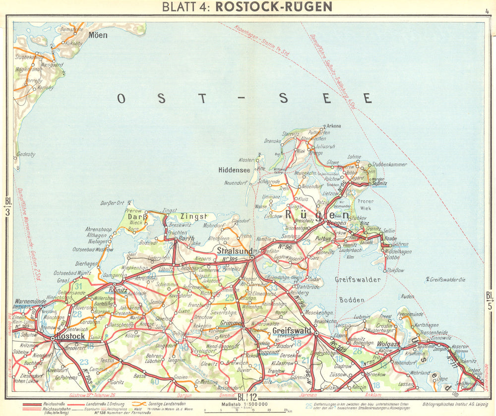 GERMANY. Rostock Rügen 1936 old vintage map plan chart