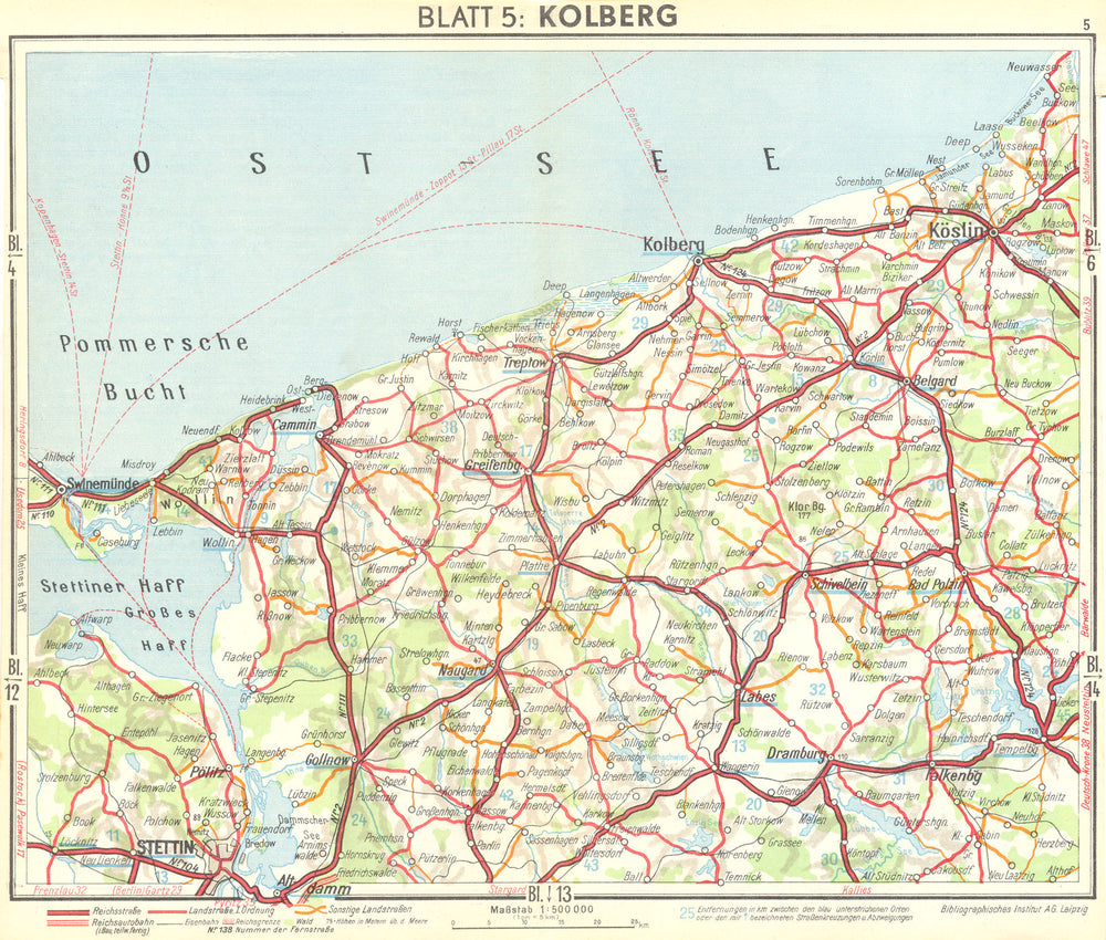 POLAND. Kolobrzeg 1936 old vintage map plan chart