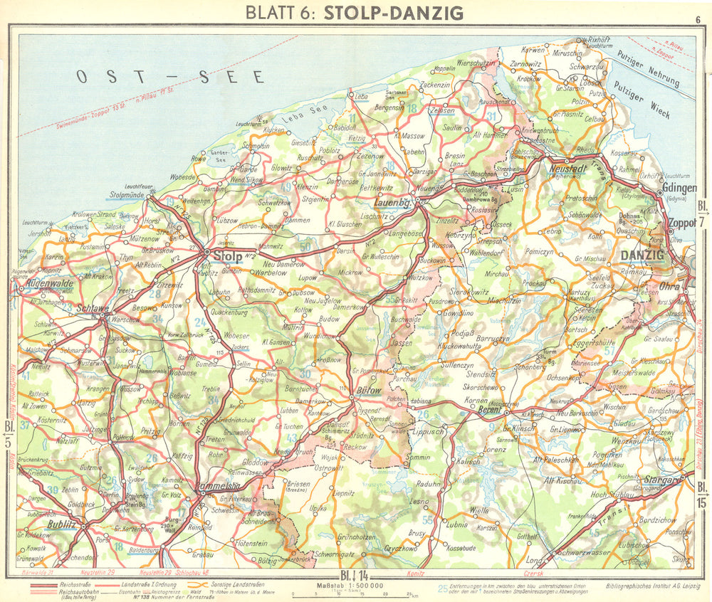 POLAND. Stolp-Gdansk 1936 old vintage map plan chart