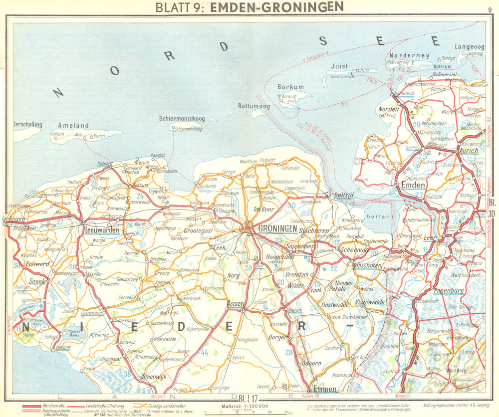 GERMANY. Emden-Groningen 1936 old vintage map plan chart