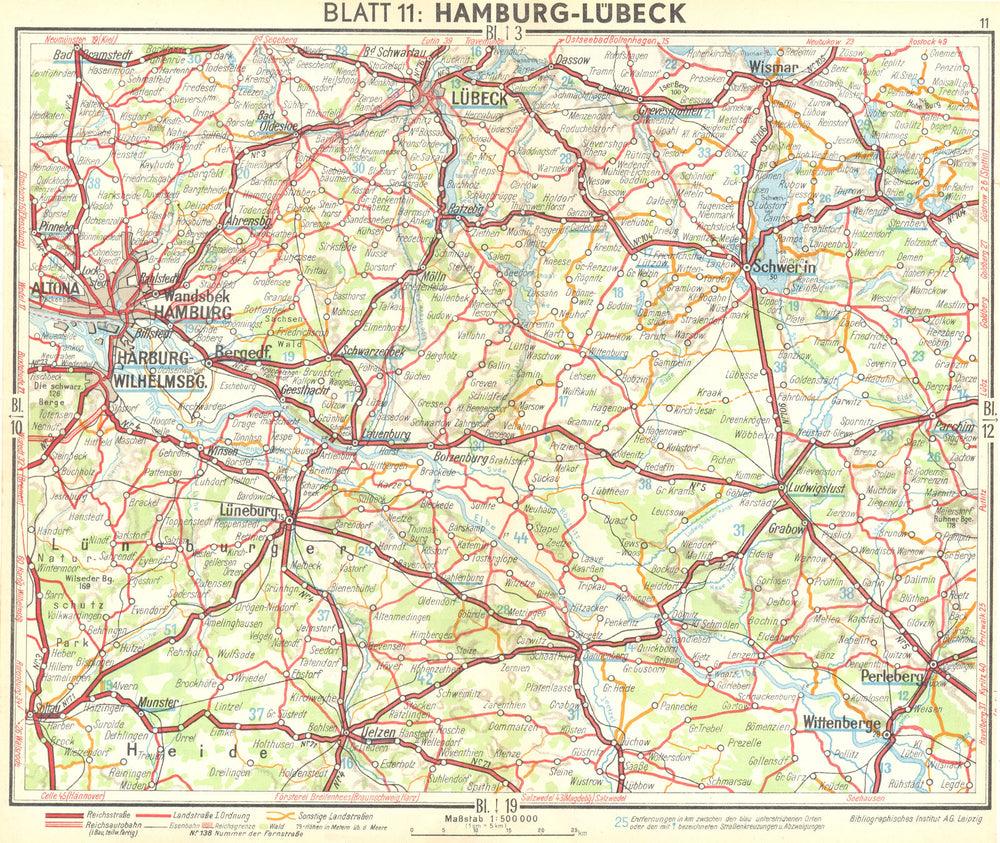 GERMANY. Hamburg-Lubeck 1936 old vintage map plan chart