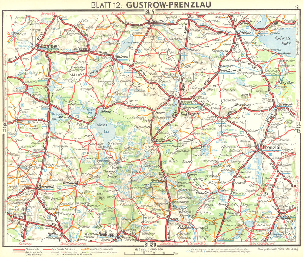GERMANY. Gustrow-Prenzlau 1936 old vintage map plan chart