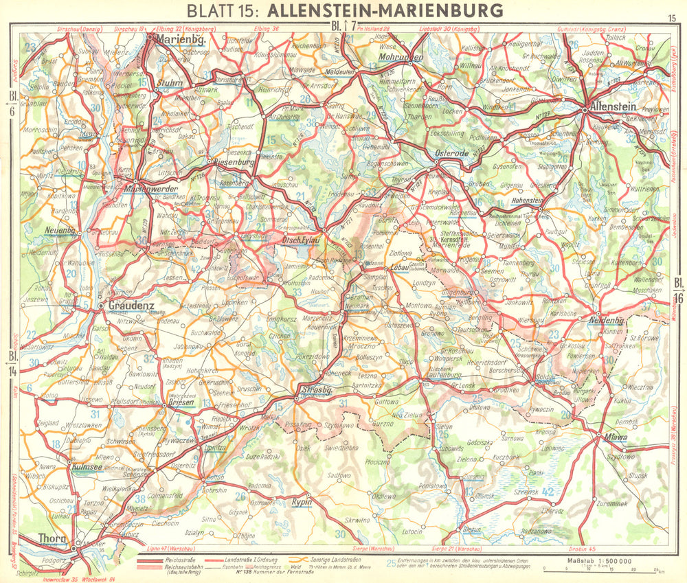 GERMANY. Allenstein-Marienburg 1936 old vintage map plan chart