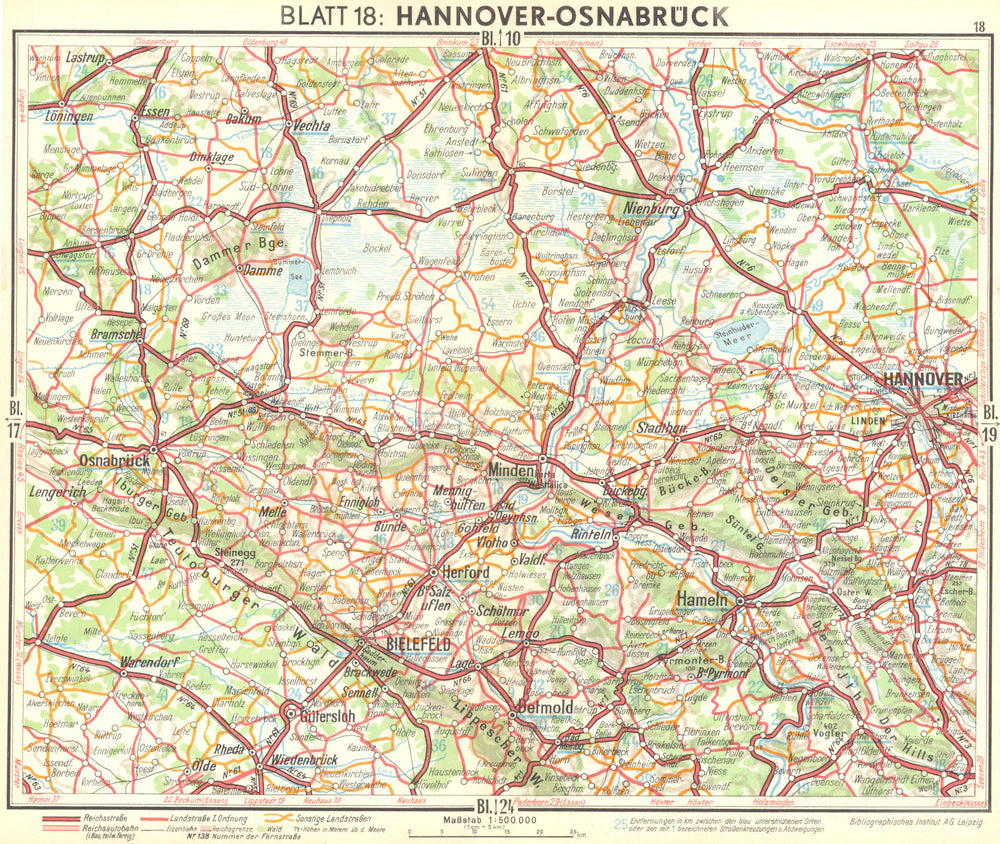 GERMANY. Hannover-Osnabruck 1936 old vintage map plan chart