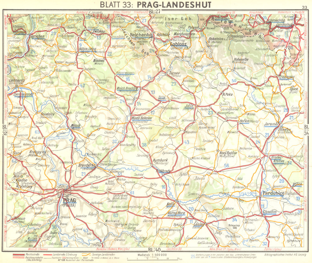 CZECH. Prague-Landeshut 1936 old vintage map plan chart