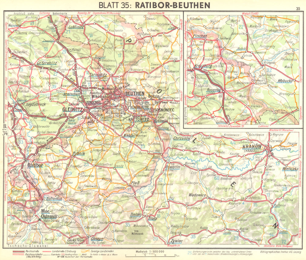 POLAND. Raciborz-Bytom 1936 old vintage map plan chart
