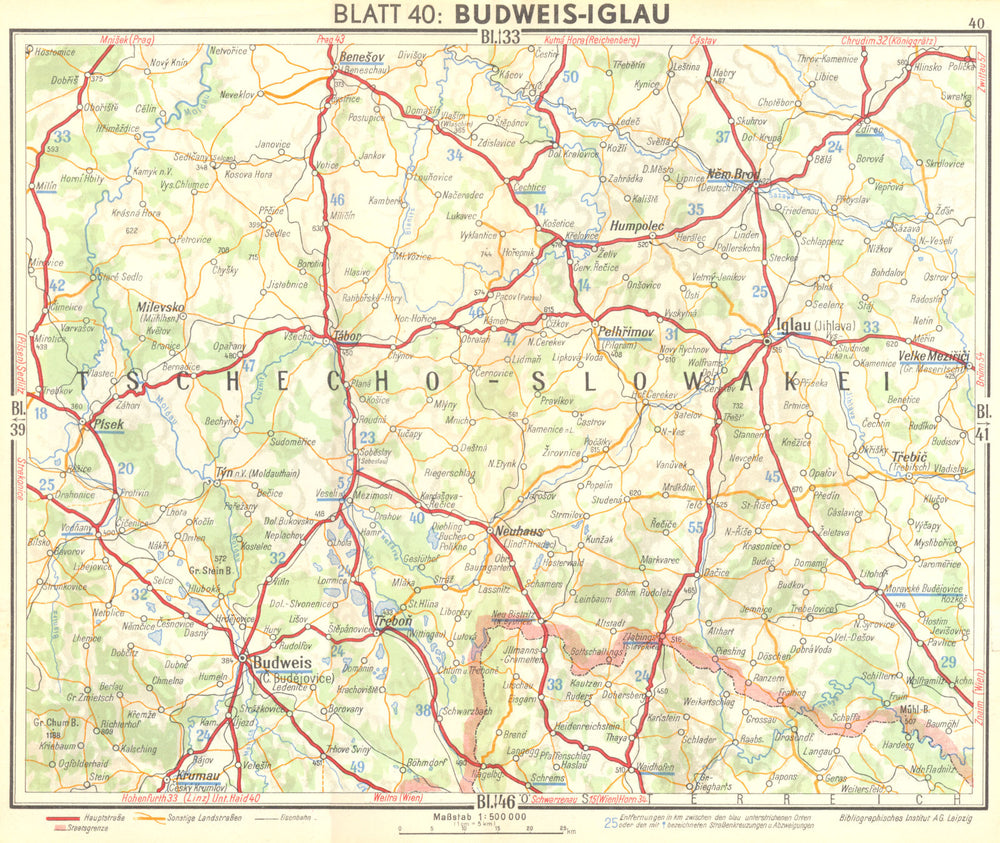 CZECH. Ceske Budejovice-Iglau 1936 old vintage map plan chart