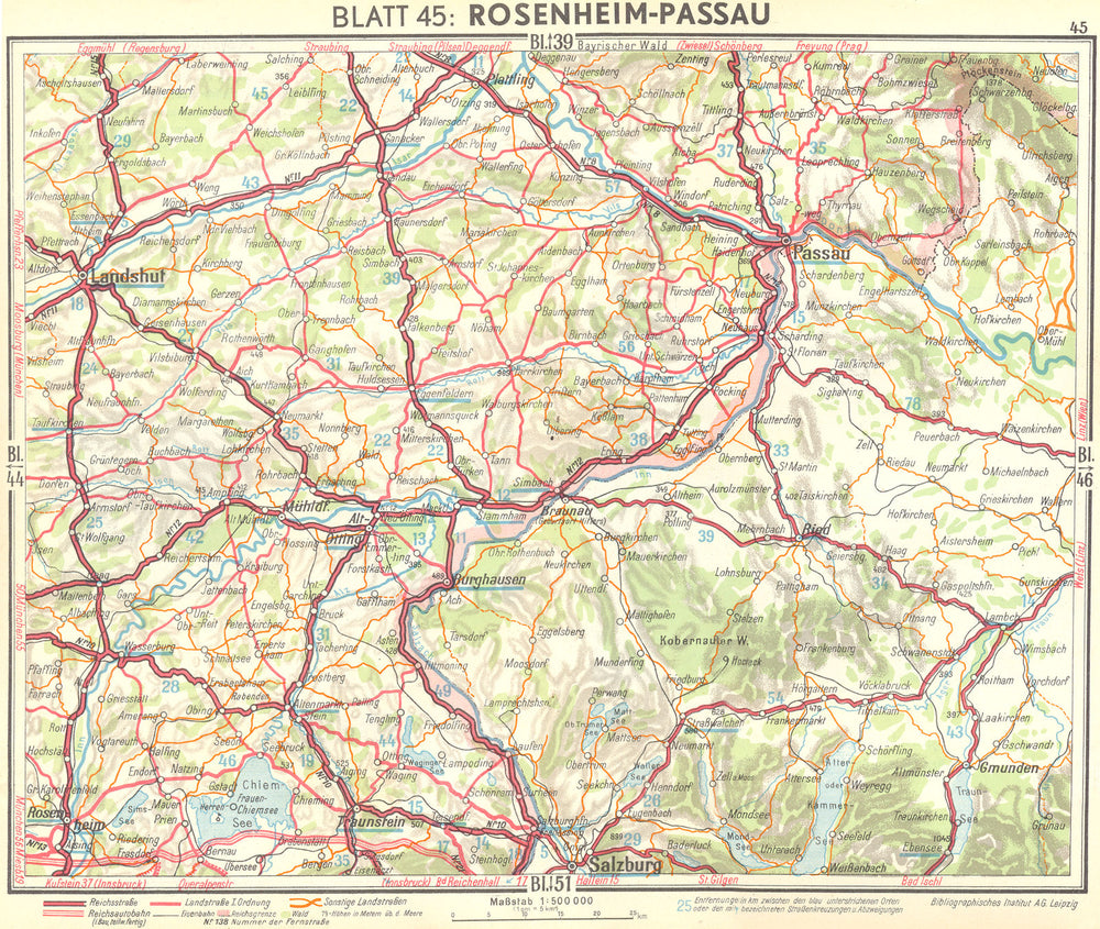 GERMANY. Rosenheim-Passau 1936 old vintage map plan chart