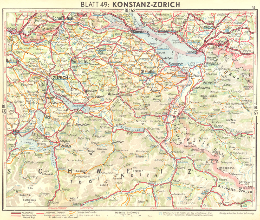 SWITZERLAND. Konstanz-Zurich 1936 old vintage map plan chart