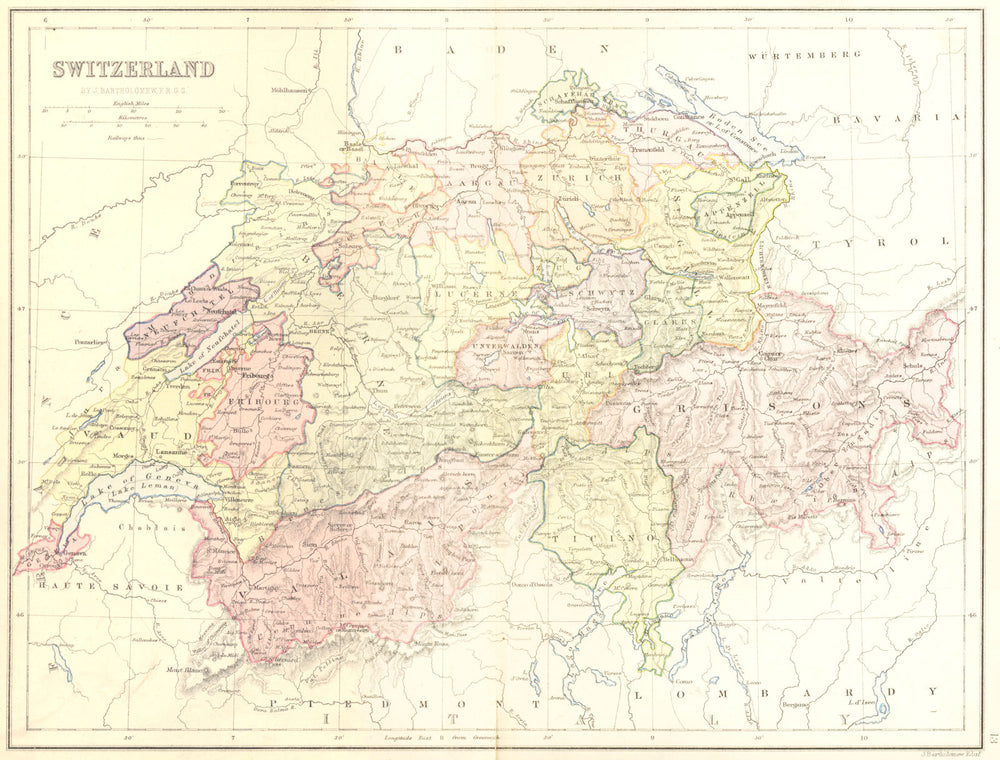 SWITZERLAND. Map 1870 old antique vintage plan chart