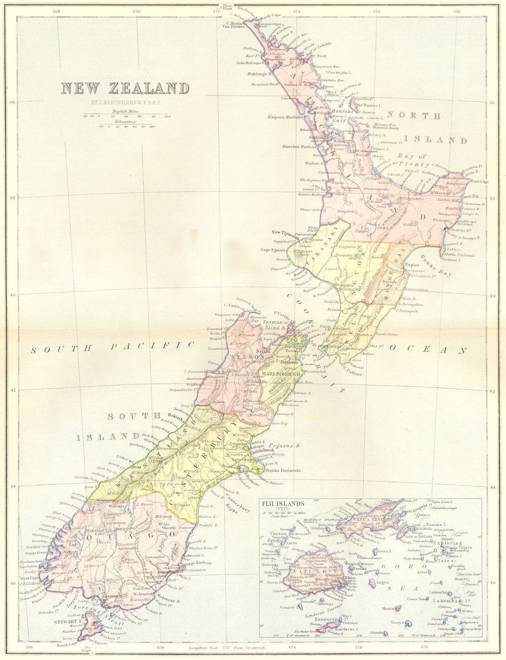 NEW ZEALAND. & Fiji map 1870 old antique vintage plan chart