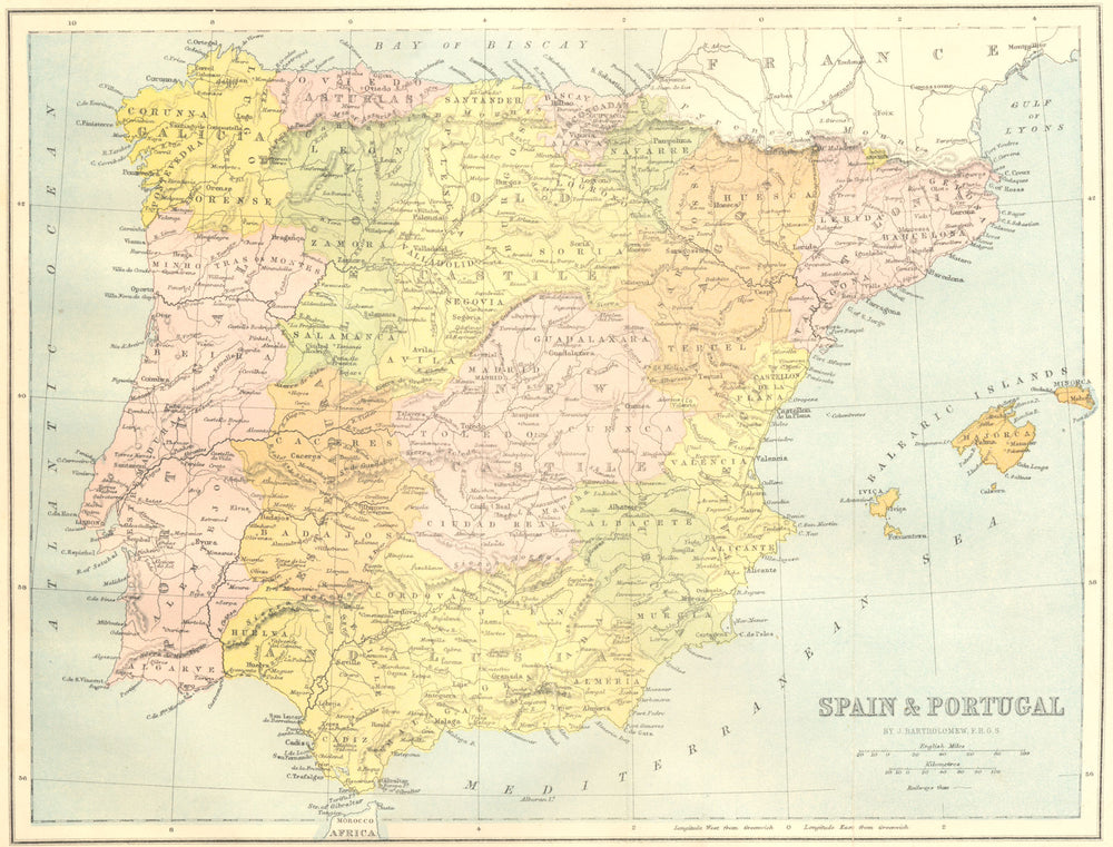 SPAIN. & Portugal 1871 old antique vintage map plan chart