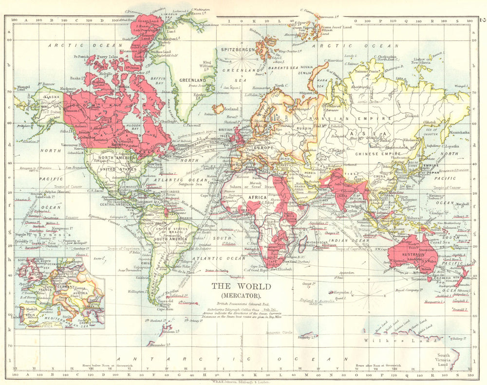 BRITISH EMPIRE. World Mercator. Currents. Steamship routes. JOHNSTON 1899 map
