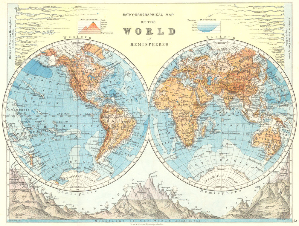 WORLD TWIN HEMISPHERES. Relief. Mountains. Rivers. JOHNSTON 1899 old map