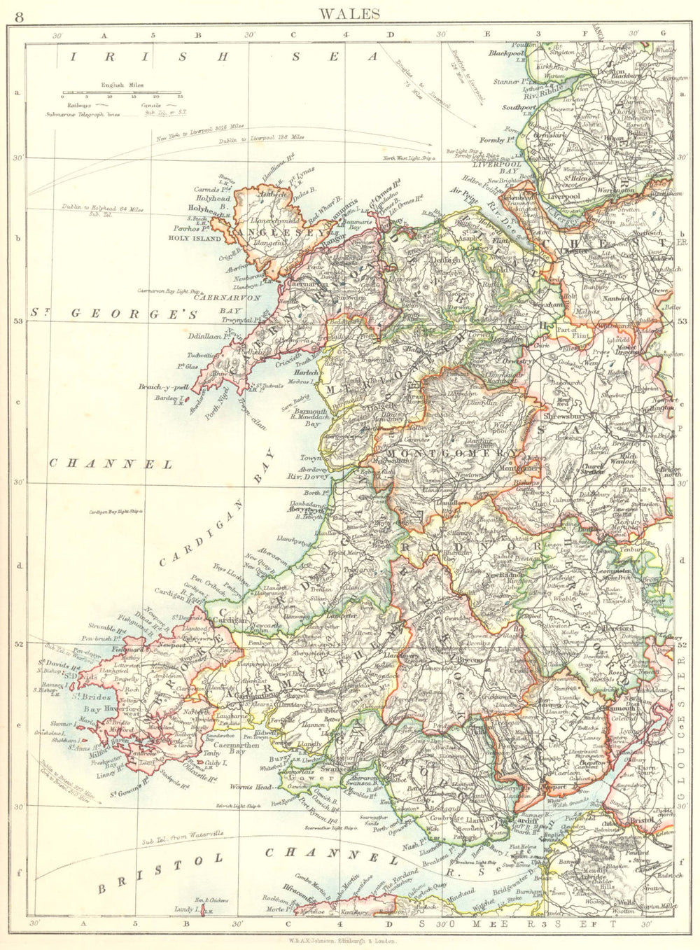 WALES. Showing counties. Telegraph cables. JOHNSTON 1899 old antique map chart