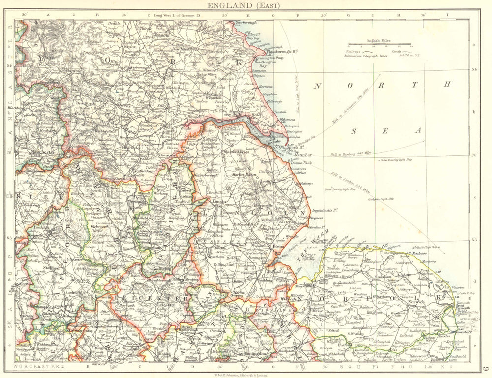 EAST ENGLAND. Lincs Norfolk Leics Notts Staffs Derbys Yorks. JOHNSTON 1899 map