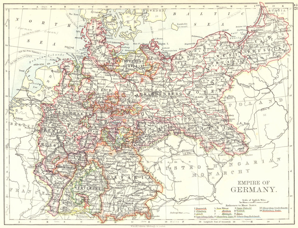 EMPIRE OF GERMANY. States. Prussia Bavaria Alsace Lorraine. JOHNSTON 1899 map