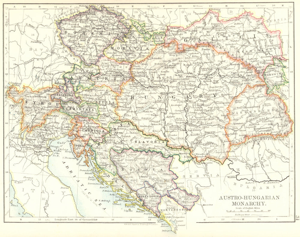 AUSTRO-HUNGARIAN MONARCHY. Dalmatia Slavonia Siebenburgen &c. JOHNSTON 1899 map