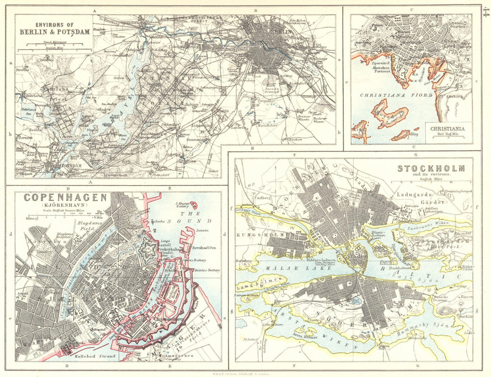 EUROPEAN CITIES. Berlin Copenhagen Stockholm Christiania/Oslo.JOHNSTON 1899 map