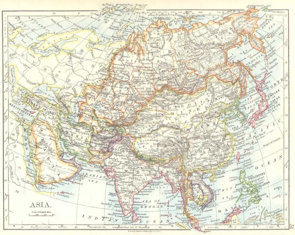 ASIA POLITICAL. Persia Siam Hejaz China Japan Corea Turkestan.JOHNSTON 1899 map