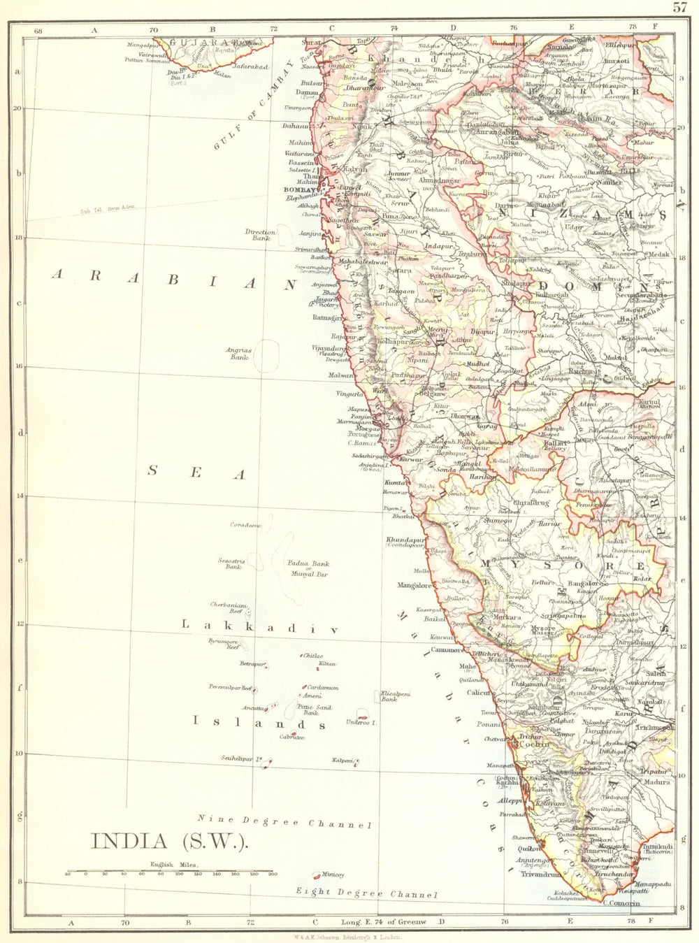 BRITISH INDIA SW.Bombay Mysore Malabar Coast Lakkadives. JOHNSTON 1899 old map