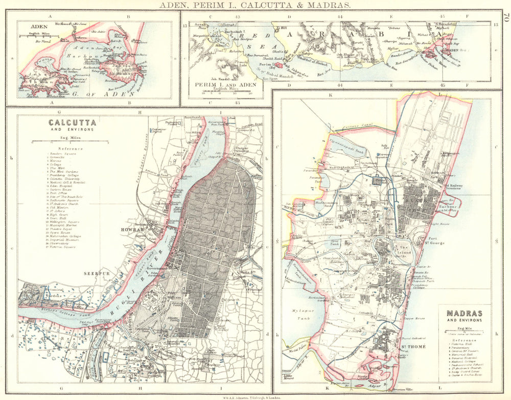 BRITISH INDIA CITIES.Calcutta & Madras plans. Also Aden/Perim.JOHNSTON 1899 map