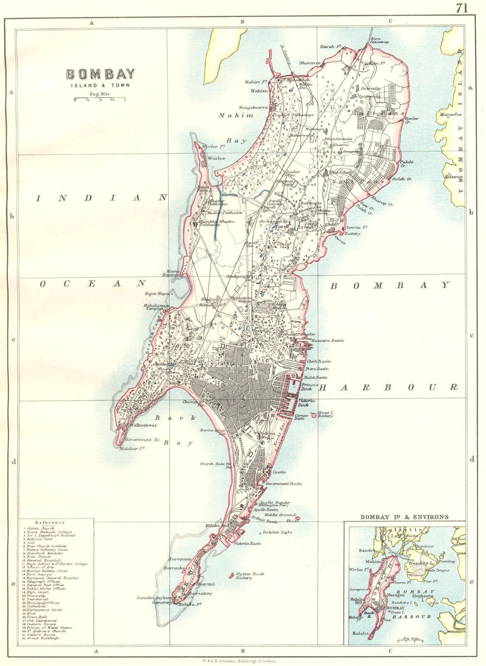 BOMBAY ISLAND. City connected by Zion causeway. Mumbai. JOHNSTON 1899 old map