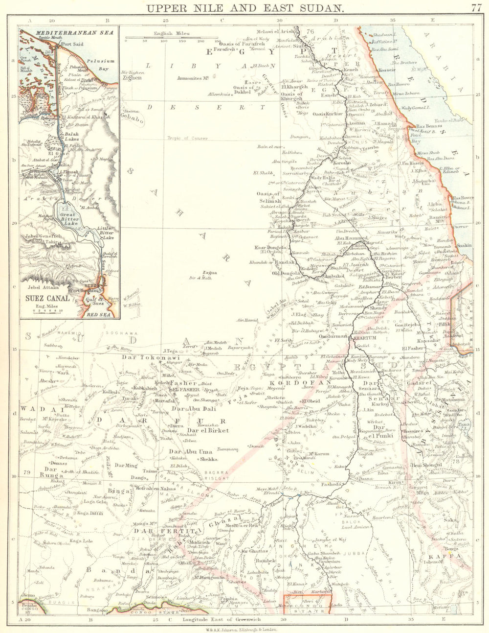 UPPER NILE, EAST SUDAN & SUEZ CANAL. Khartoum.White/Blue Nile.JOHNSTON 1899 map
