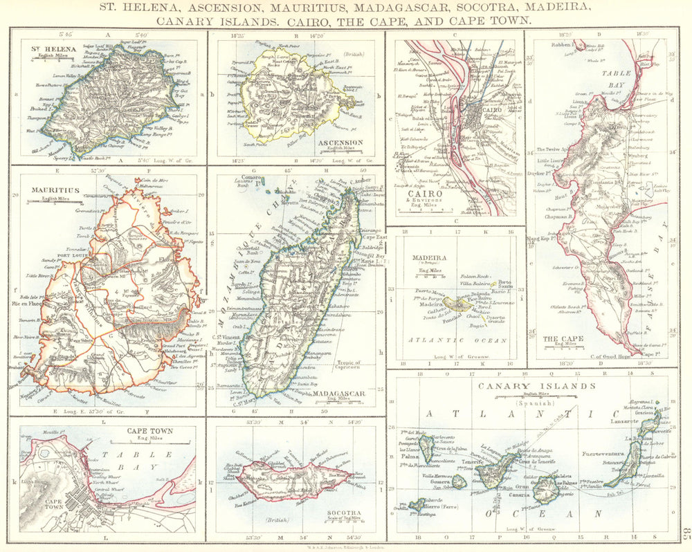 AFRICAN ISLANDS.Mauritius Madagascar Madeira Canaries St Helena 1899 old map
