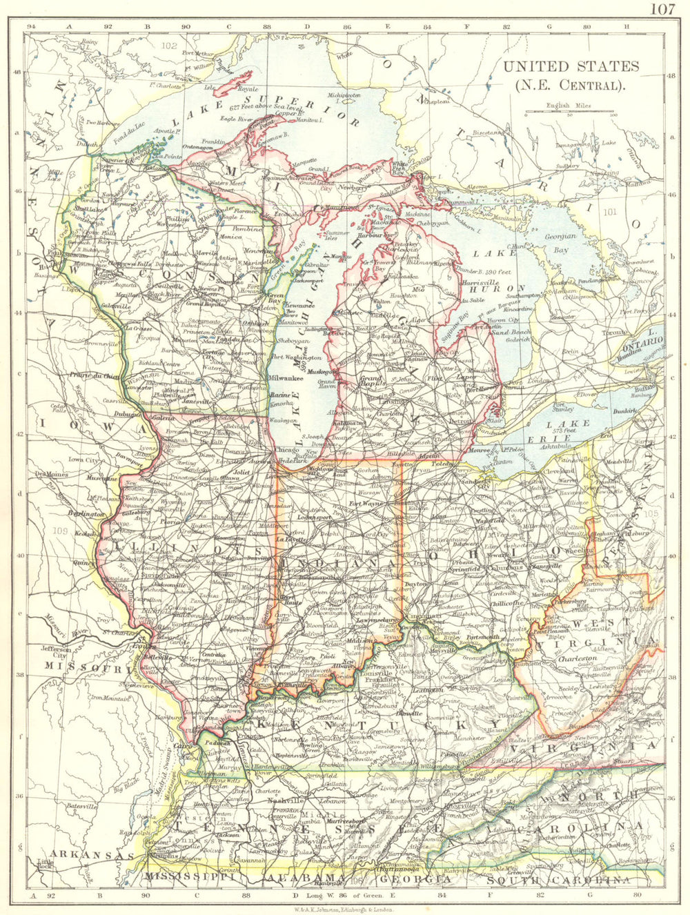USA MID WEST. Wisconsin Michigan Illinois Ohio Indiana Kentucky TN 1899 map