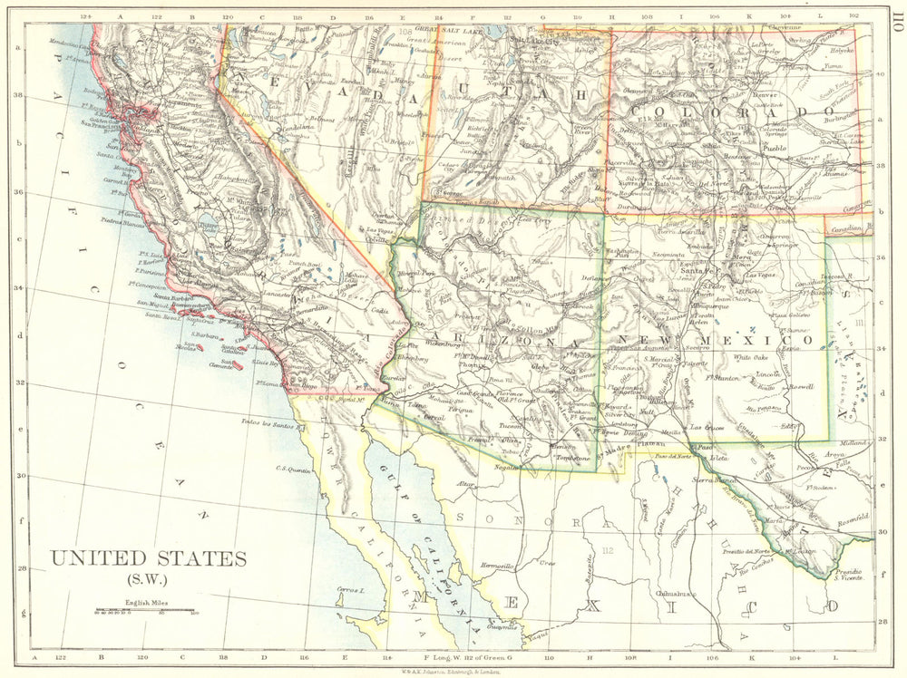 USA SOUTH WEST. California Arizona NM Colorado Utah Nevada. JOHNSTON 1899 map