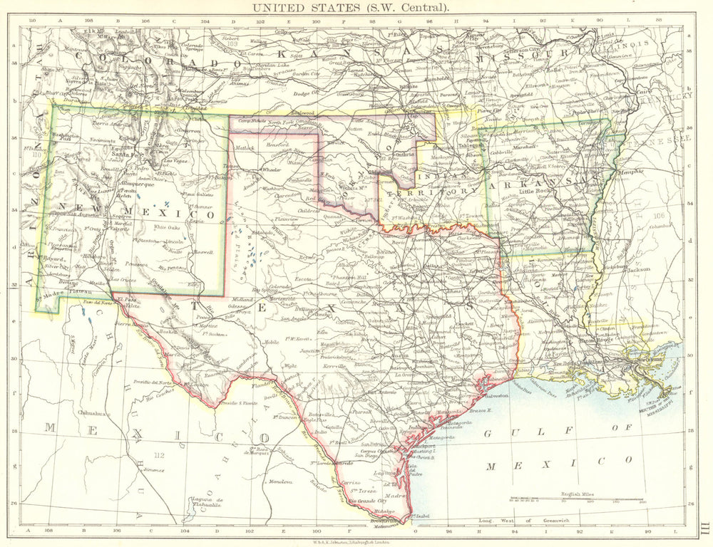 USA SOUTH CENTRAL. Texas "Indian Territory" OK AR LA NM. JOHNSTON 1899 old map