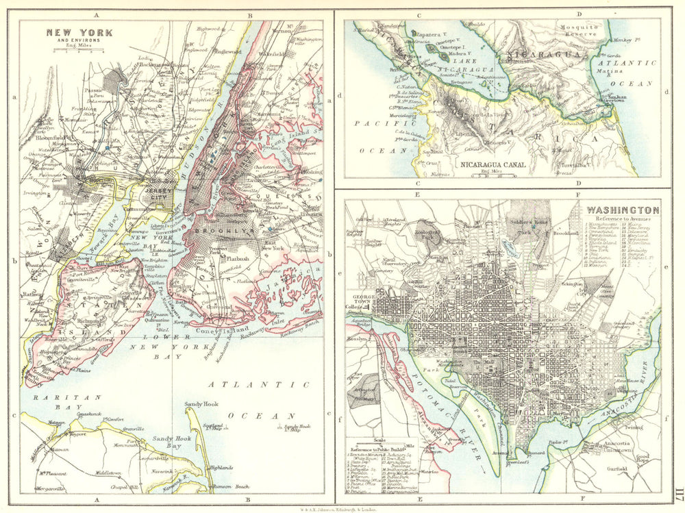 US CITIES/NICARAGUA CANAL.New York & Washington plans. JOHNSTON 1899 old map